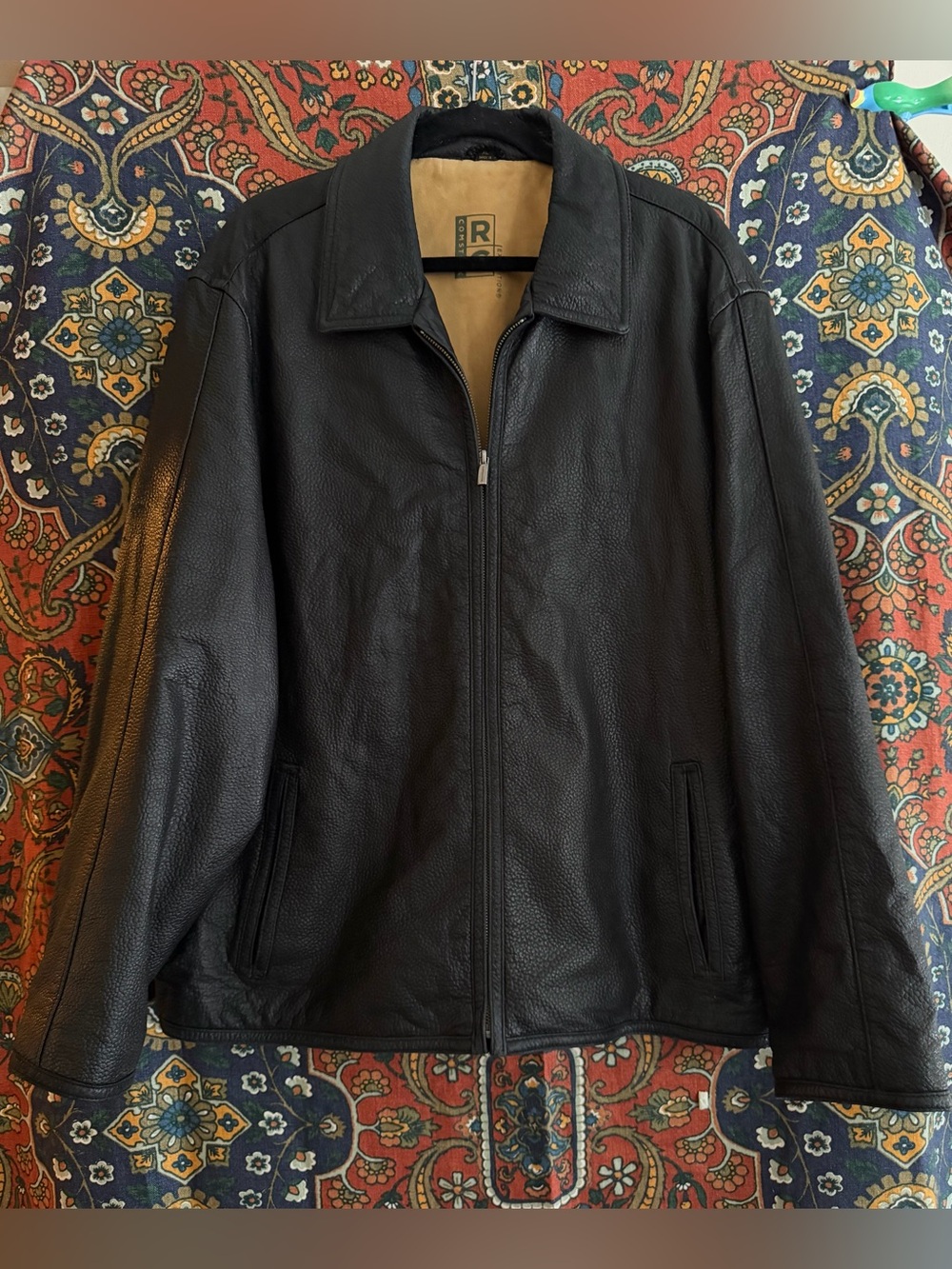 Men's Black Leather Bomber Jacket with Zip Closure